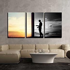 3 Piece Canvas Wall Art - Man Trying to Open Door to a New Better World. - Modern Home Art Stretched and Framed Ready to Hang - 16"x24"x3 Panels