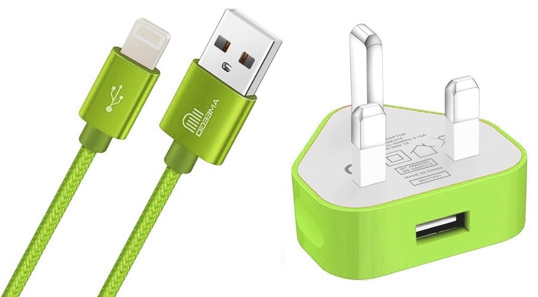 ameego USB Data Sync Charging Cable Lead 1 Meter Braided Lead + USB Charger Adapter Plug For Phone's Compatible 6 6s 5s 6 PLUS 7 8 8 Plus XS XS Max XR X iPad iPod (Green)