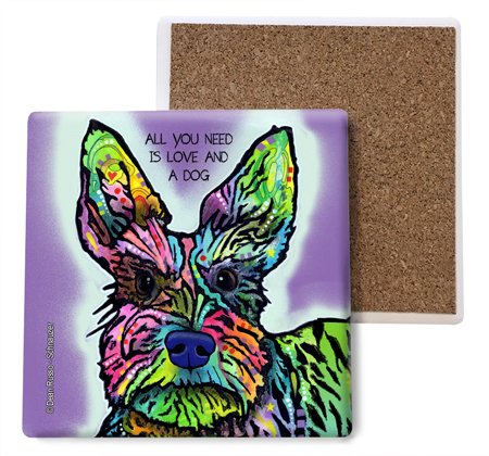 SJT ENTERPRISES, INC. Schnauzer - All You Need is Love and a Dog Absorbent Stone Coasters - Cork-Backed - Features The Art of Dean Russo - 4 x 4 inches - Set of 4 (SJT07044)