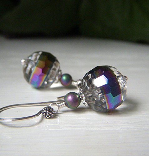 Iridescent Glass Crystal Earrings, Rainbow Finish, Clear Dangle, Disco Ball, Sterling Silver - Thumbnail 5