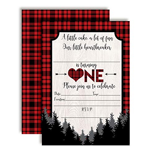 Our Little Heartbreaker First Birthday Red and Black Buffalo Plaid Valentine Party Invitations, 20 5
