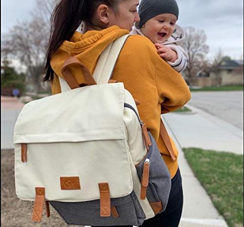 Cutie Carry Diaper Bag Backpack with Baby Pad Insulated Pocket Stroller Straps Wipe Dispenser Padded Shoulder Large Fashion Bags Dad or Mom Grey Cream