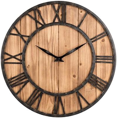 Farmhouse Rustic Barn Vintage Bronze Metal &amp; Solid Wood Noiseless Large Wall Clock
