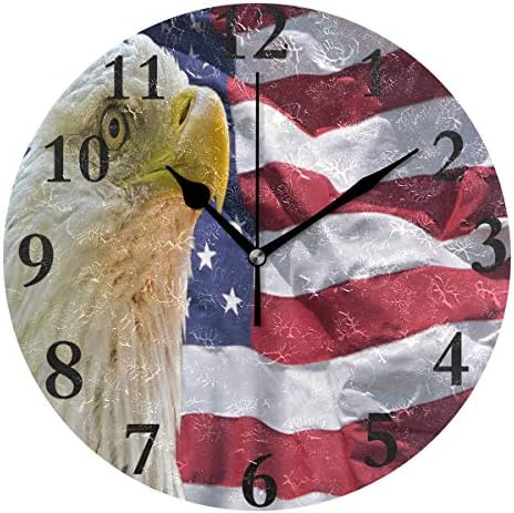 lightly Personalized Non Ticking Silent Clock Art Living Room Kitchen Bedroom for Home Decor Bald Eagle with American Flag Round Acrylic Wall Clock