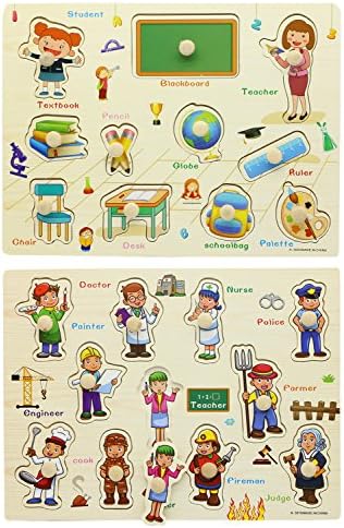 Motrent 2pcs Wooden Jigsaw Peg Puzzle Board Toy Home Learning Early Preschool Educational Puzzles Toy - School Items and Professional Name