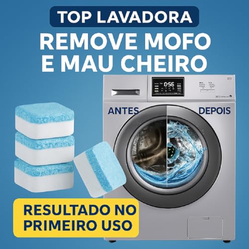 Kit 20 Pastilhas Efervescentes para Limpeza de Máquina de Lavar – Limpeza Profunda Antibacteriana, Remove Mau Cheiro e Resíduos – Fácil de Usar – Compatível com Tampa Frontal e Superior