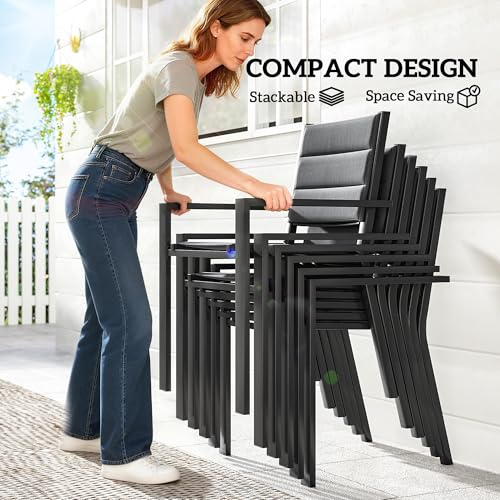Outsunny 7 Piece Patio Dining Set for 6, Aluminum Expandable Outdoor Table and Stackable Chairs with Padded Back and Mesh Seats, Patio Furniture Dining Set for Garden, Black