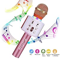 FishOaky Wireless Bluetooth Karaoke Microphone, Portable Kids Microphone Karaoke Player Speaker with LED & Music Singing Voice Recording for Home KTV Kids Outdoor Birthday Party (Rose Gold)