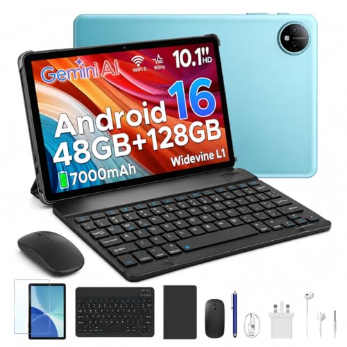 P10 10 Inch Android 16 Tablet with Gemini AI, 48GB+128GB/TF 2TB, 7000mAh, Quad-Core Processor, 90Hz, 5+8MP/Dual Speakers/3.5mm Headphone Jack/Face Unlock/Widevine L1, Tablet with Keyboard & Pen, Blue