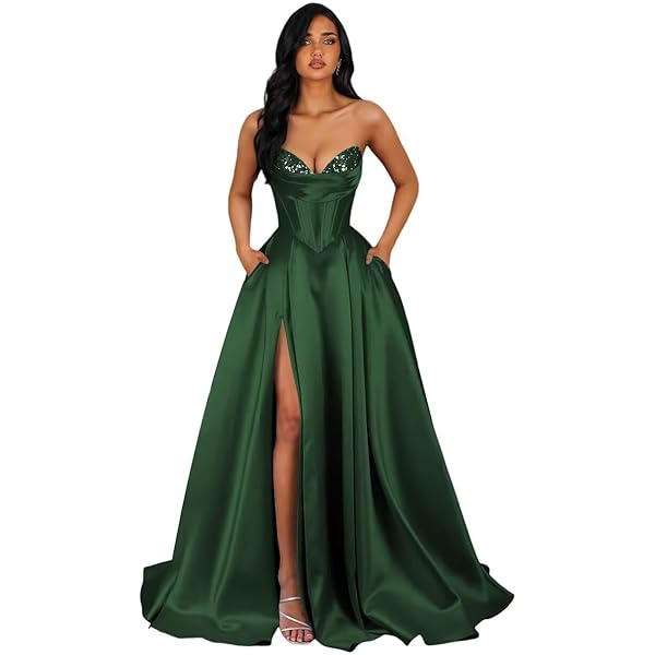 Elegant Prom Formal Dress Dark Green Silk Gown Custom-Made Sequin Applique Forest  Green Evening Gown