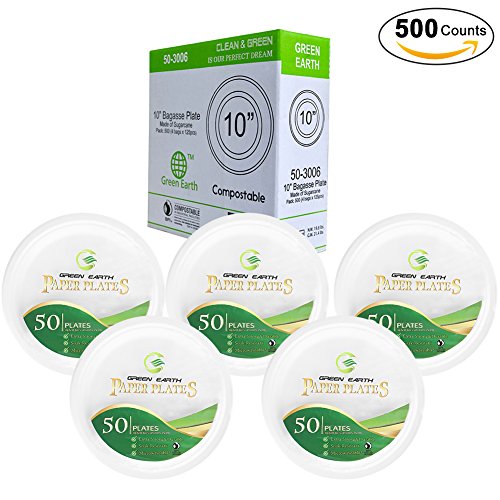 Green Earth Disposable Plates,Natural Bagasse （Sugarcane Fiber）10 inches（25cm） Round Everyday Paper Plates. Eco-Friendly Party/Wedding Dinner/ Outdoor Sturdy Plates（500 Counts）