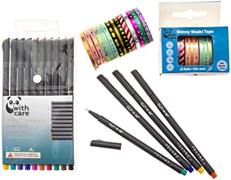 14 Rolls of Premium Washi Tape | 5MM Wide x 10M Long Skinny &amp; Decorative Japanese Style Tape | Supplies &amp; Accessories for Planners, Journals, Arts &amp; Crafts| Includes 10 Fine Tip Colored Pens