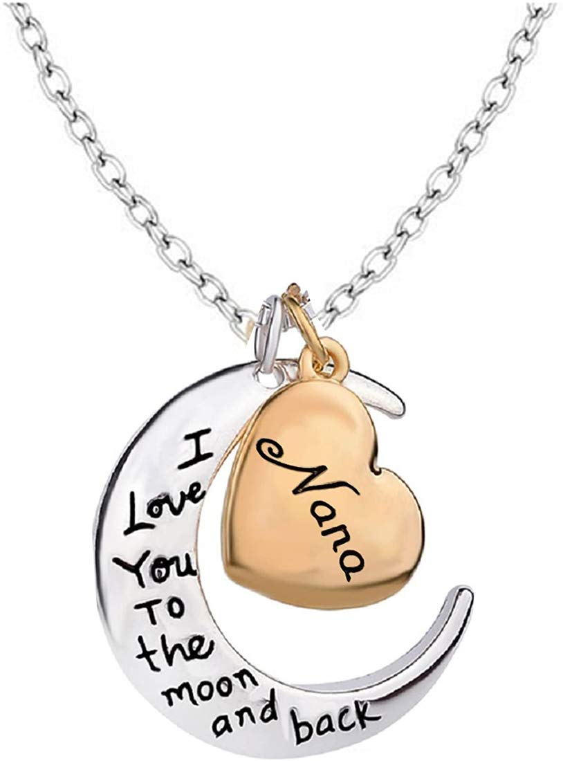 Sterling Silver Yellow Heart "Nana I Love You To The Moon And Back" Family Pendant Necklace Rolo Chain