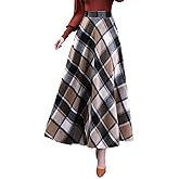 NDCOXQW Womens Plaid Skirt Long A-Line High Elastic Waisted Skirt Winter Vintage Tartan Skirts with Pockets