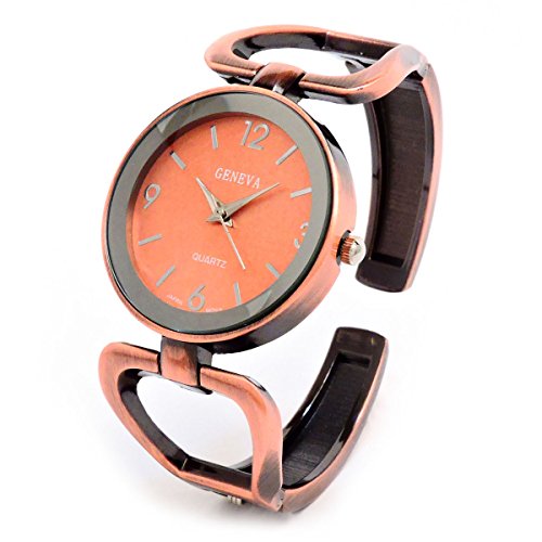 Geneva Brushed Finish Copper Metal Large Face Women's Bangle Cuff Watch