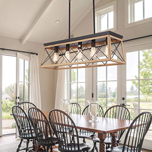 Merbotin Farmhouse Kitchen Island Light 5 Light Distressed White Wood Finish Rustic Dining Table Chandelier Ceiling Light Hanging For Dining Room Kitchen Island Grain Brown Wood Finish In Dubai Uae