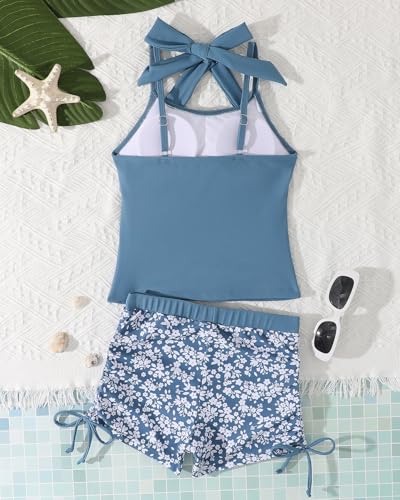 FishingDino Girls' Swimsuit with Padded Bra Size 122-164, Children's Tankini Girls Set with Halterneck Top & Boy Shorts, Teenager Swimming Shirt Swimsuit