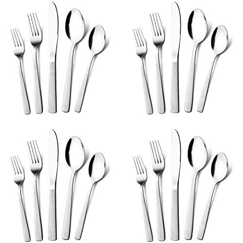 Acnusik Silverware-Set-Stainless-Steel-Flatware Heavy Duty 20 Piece Polishing Forks Knives and Spoons for Kitchen Service 4, Silver