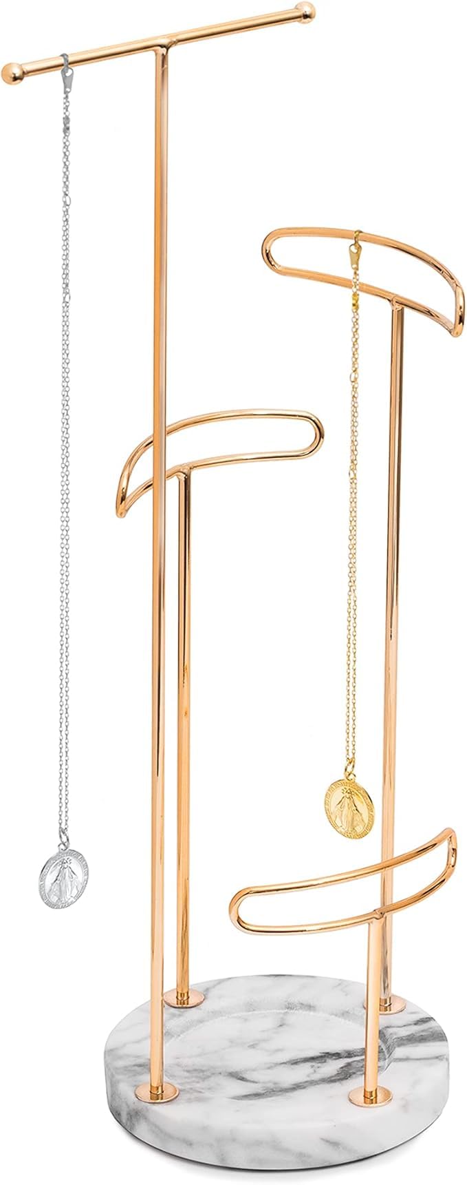 Sasha Morel 4 Tier Jewellery Stand | Hanging Tree Jewellery Organiser | Necklace Stand with Marble tray | Ring Holder Organiser Storage for Bracelet, Earring, Watch - (Rose Gold)