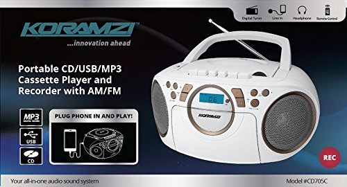 Koramzi Portable CD Boombox Full Range Stereo Sound System w/Top-Loading MP3 CD Player, Cassette Player and Recorder, AM/FM Radio, USB Input, Headphone & AUX Jack w/Remote Control- CD705CWH(White) - Thumbnail 5