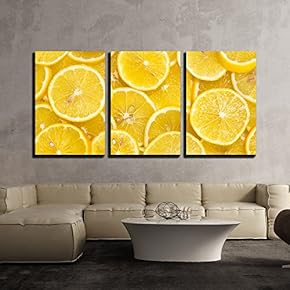 3 Piece Canvas Wall Art - Background of Sliced Ripe Lemons Organic, Pattern - Modern Home Art Stretched and Framed Ready to Hang - 16"x24"x3 Panels