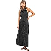 Amazhiyu Women's Linen Blend Button Down A-Line Maxi Elastic Dress Backless