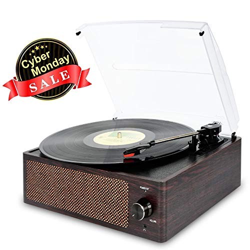 Bluetooth Record Player Belt-Driven 3-Speed Turntable, Vintage Vinyl Record Players Built-in Stereo Speakers, with Headphone Jack/ Aux Input/ RCA Line Out, Brown Wooden (Brown-1) - Thumbnail 6