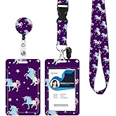 ID Badge Holder with Retractable Lanyard and Keychain, Badge Reel with Rotate Carabiner Clip,Purple Unicorn Card Name Tag Lanyard ID Protector Bage Clips for Teachers, Student, Women, Office