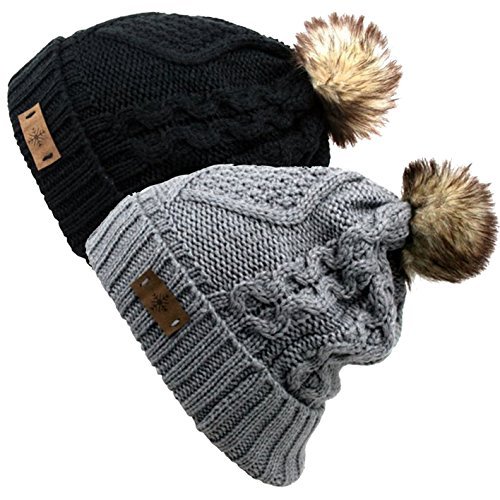 ANGELA & WILLIAM Women's Faux Fur Pom Pom Fleece Lined Knitted Slouchy Beanie Hat (Black/Gray) Set