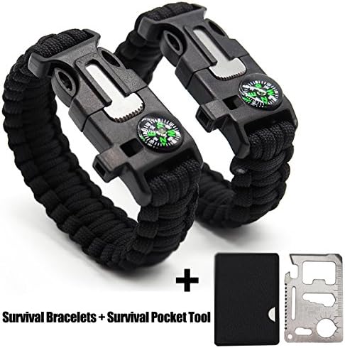 GOGOLUCK 2 Pack Emergency Tactical Survival Paracord Bracelets Survival Gear with Multi Tool Compass Fire Starter Emergency Knife Whistle Rescue Rope Black + Survival Pocket Tool