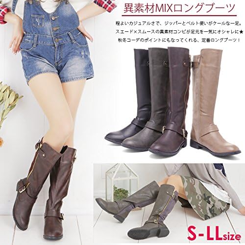 Amazon サイドファスナー ベルト付きローヒールロングブーツ レディース 大きなサイズ ブーツ グレー ノーブランド品 レディース