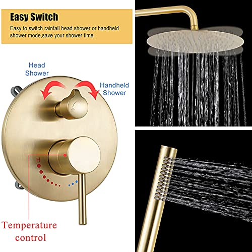 Brushed Gold Flush Mount Shower Set, 10" Recessed Shower Kit with Hand Shower, Shower Systems, Bathroom Shower Mixer