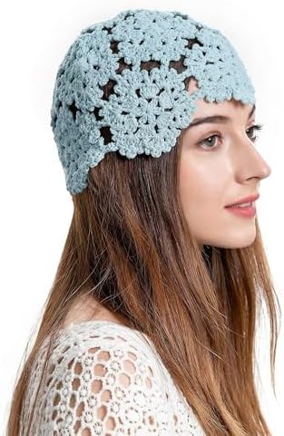 Crochet Knit Beanie Boho Y2K Hollow Out Skull Cap Rhinestone Decor Accessory Mazilk Crochet Hat for Women Handmade Sequin Beanie Hat  main image 3