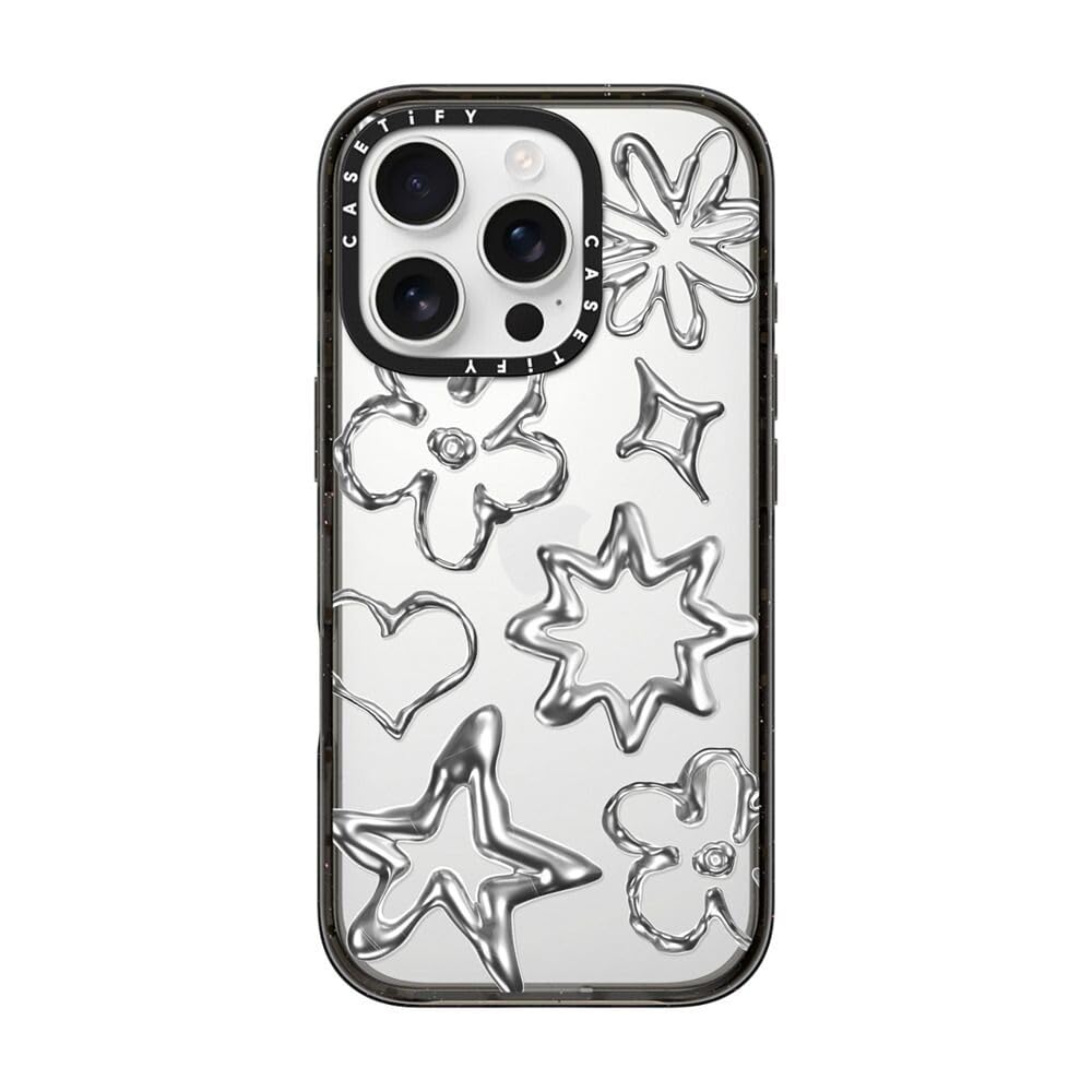 CASETiFY Impact iPhone 16 Pro Case [Slim / 8.2ft. 4X Military Grade Drop Protection/Wireless Charging Compatible] - Chrome Doodles - Clear Black