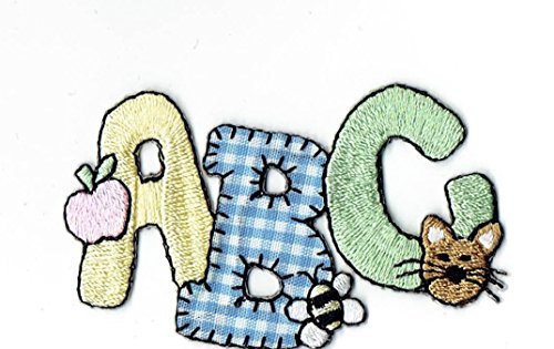 ABC - Gingham with Flower, Bee, and Cat - Iron On Embroidered Applique Patch