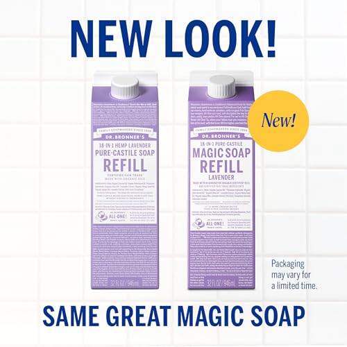 Dr. Bronner's Pure-Castile Liquid Magic Soap Refill - Made with Regenerative Organic Certified Oils, 86% Less Plastic per Quart - 18-in-1 Uses for Face, Body Wash, Hand Soap Refill- Lavender, 32oz