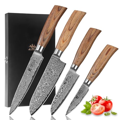 Wakoli EDIB Pro 4-Piece Kitchen Knife Set Made of Damascus Steel (VG10 Core) in Elegant Gift Box - Sharp Damascus Knife Set with Pakka Wood Handles - Knife Set with 2 x Santoku, Meat Knife & Office Knives