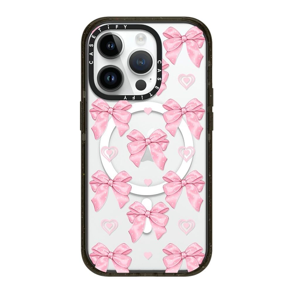 CASETiFY Impact Case for iPhone 14 Pro [8.2ft 4X Military Grade Drop Protection/Compatible with Magsafe] - Pink Bows - Clear Black