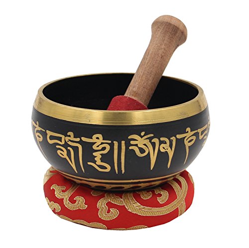 DharmaObjects Medium~ Tibetan OM MANI Singing Bowl Set ~ With Mallet, Brocade Cushion & Carry Bag ~ For Meditation, Chakra Healing, Prayer, Yoga
