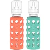 Lifefactory Glass Baby Bottle BPA Free | Protective Silicone Sleeve | 9 oz Pack of 2 | Papaya, Kale