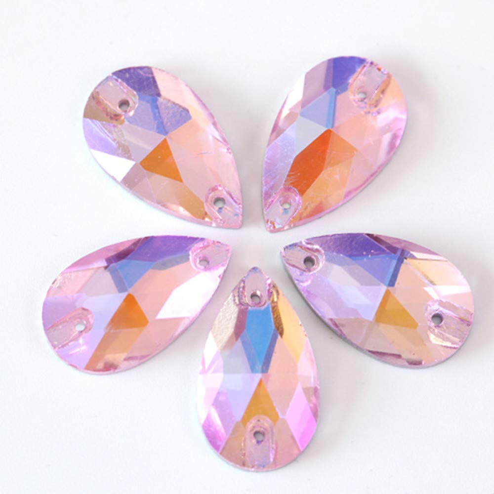 Teardrop Crystal AB Sew On Rhinestone Droplet Glass Sewing Stones Sew-on Beads with 2 Holes for Wedding Dress (Light Pink, 7x12mm)