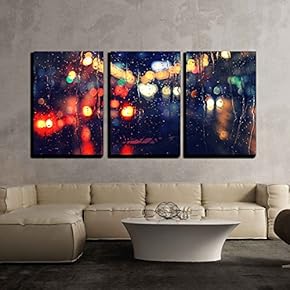 3 Piece Canvas Wall Art - Night City Life Through Windshield: Cars, Lights and Rain, Vintage Style Photography - Modern Home Art Stretched and Framed Ready to Hang - 16"x24"x3 Panels