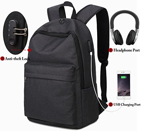 Laptop Backpack, Winblo Anti-theft Travel Laptop Backpack with USB Charging Port &amp; Headphone Port &amp; Lock School Bookbag for Men Women College Travel Backpack Fits Under 17 Inch Laptop