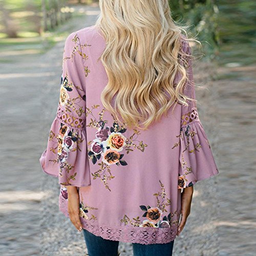 YANG-YI Women Lace Floral Open Cape Casual Cardigan Loose Blouse Kimono Cardigan Beach Dress (Pink, US L)