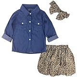Jastore 3PCS Baby Girls Clothing Set Summer Toddler Kids Denim Tops+Leopard Skirt Outfits (12-18 Months, Leopard)