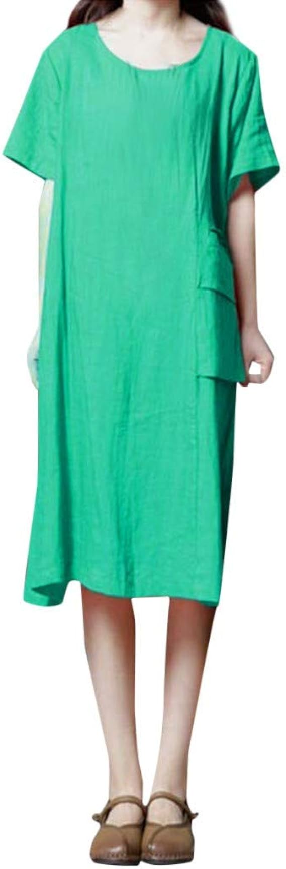 Amazon ワンピース レディース ドレス ワンピース Tシャツワンピース ロングtシャツ レディース シャツワンピース ロングtシャツ ワンピース 夏用 レディースファッション ドレスシャツ 女性コットンリネンラウンドネック半袖ルーズソリッドカラーのポケットドレス