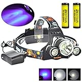 BESTSUN Tactical Blacklight Headlamp UV-Ultraviolet LED (1x Cree T6 White LED and 2 x UV LEDs) 4 Modes 395-410nm 18650 Rechargeable Leak detector and Cat-Dog-Pet Urine Detector (with Chager & Battery)