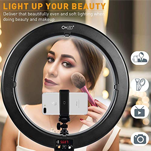 [Updated 720LED LCD Display] 18 Inch LED Ring Light with Stand for Camera iPhone, 3200-5600K Dimmable Warm/White Video Light, USB Power Output, Camera Phone Holder & Carrying Case for Studio Makeup - Thumbnail 3