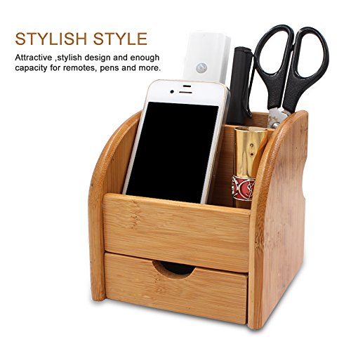TV Remote Control Holder Caddy, Bamboo Desktop Office Supplies Storage Box Organizer With 2 Compartments 1 Drawer (Natural Bamboo) - Thumbnail 4