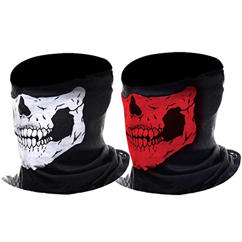 eBoot Half Skull Face Mask Motorcycle Face Mask Bandana Balaclava Headwear, 2 Pack (Red and White)
